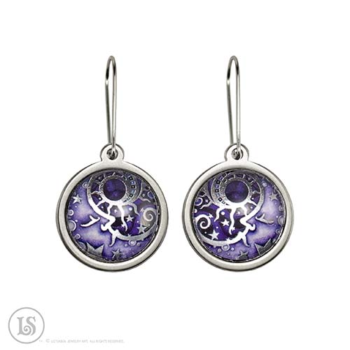 Man in the Moon Purple,  Earrings, Silver-tone, Glass, Stainless Steel